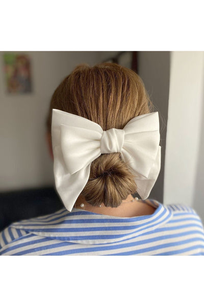 White - White Satin Hair Bow White Hair Clip by QueenMee Accessories