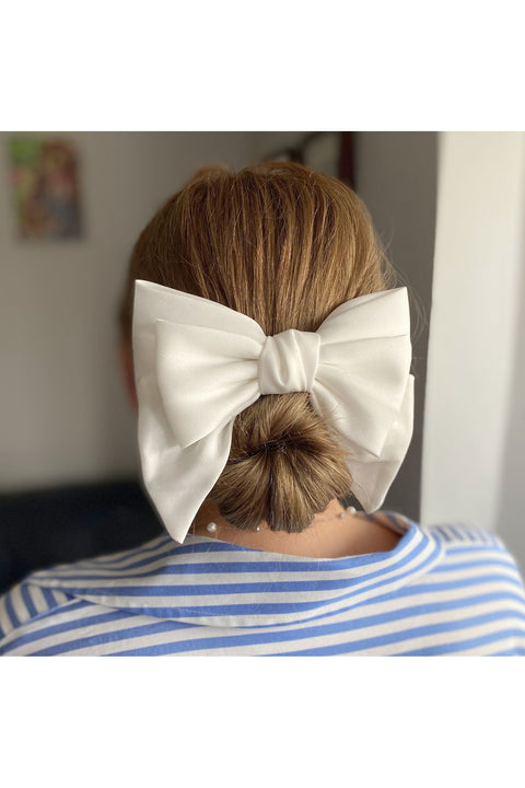 White Satin Hair Bow White Hair Clip by Queenmee Hair Accessories