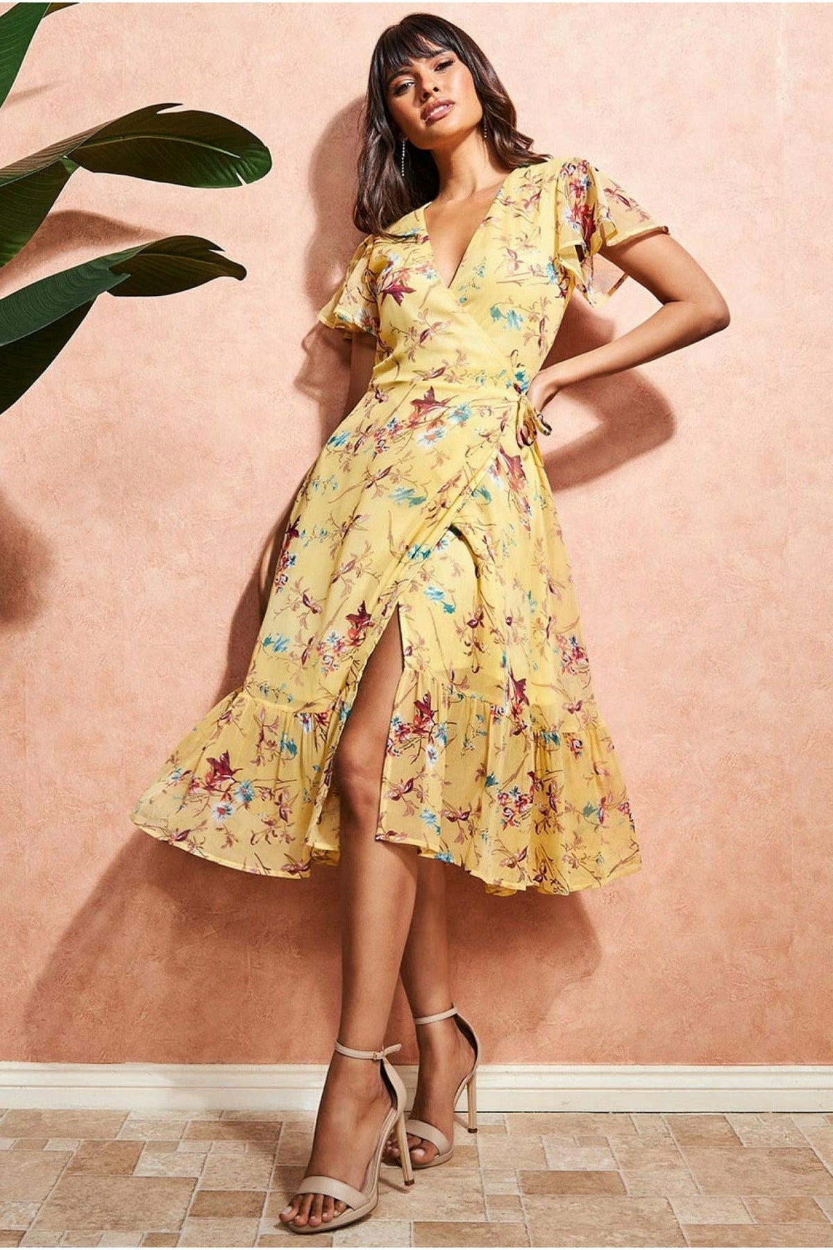 Wrap Flutter Sleeve Floral Midi Dress - Yellow DR3500