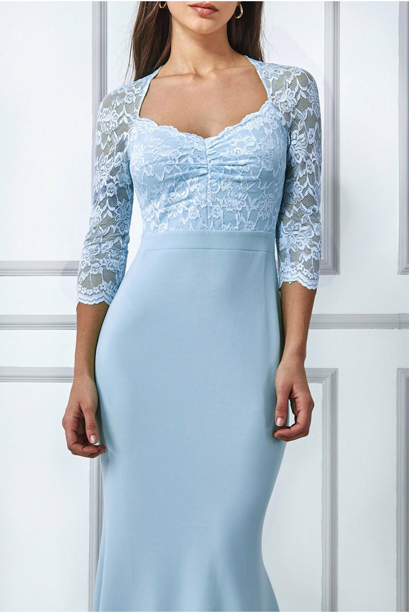 Lace Bodice Maxi Dress With Sleeves - Powder Blue DR1551
