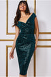 Goddiva Sequin & Velvet Bardot Midi Dress - Emerald