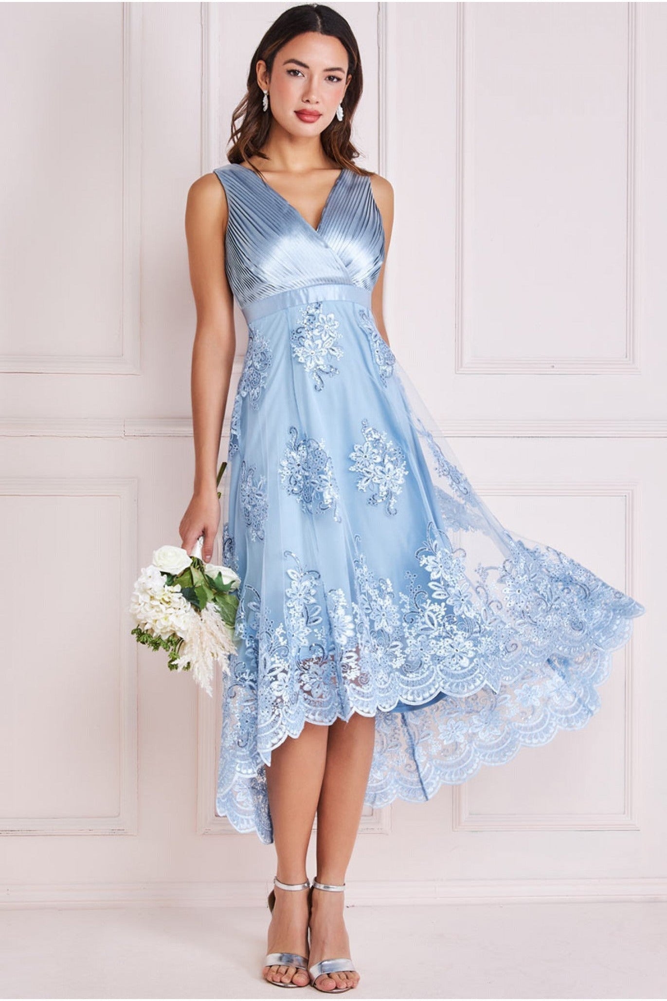 Pleated Satin V Neck High And Low Midi - Light Blue DR3813QZ