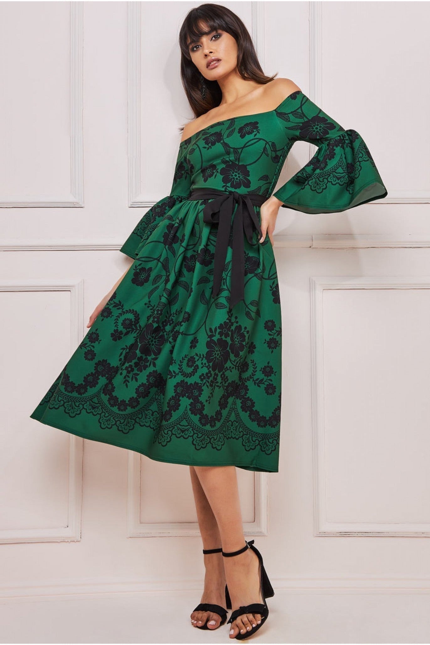 Printed Off The Shoulder Midi Dress - Emerald Green DR3467