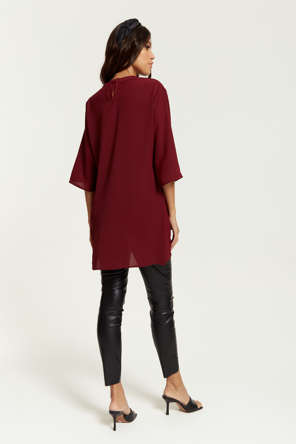 Oversized Detailed Neckline Tunic with 3/4 Sleeves in Burgundy GLR FASHION NETWORKING