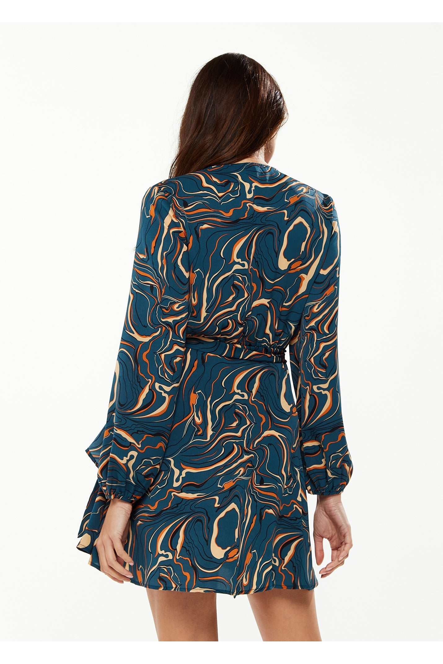 Scribble Print Mini Wrap Dress With Long Sleeves A10-186D-10-1387B-GR