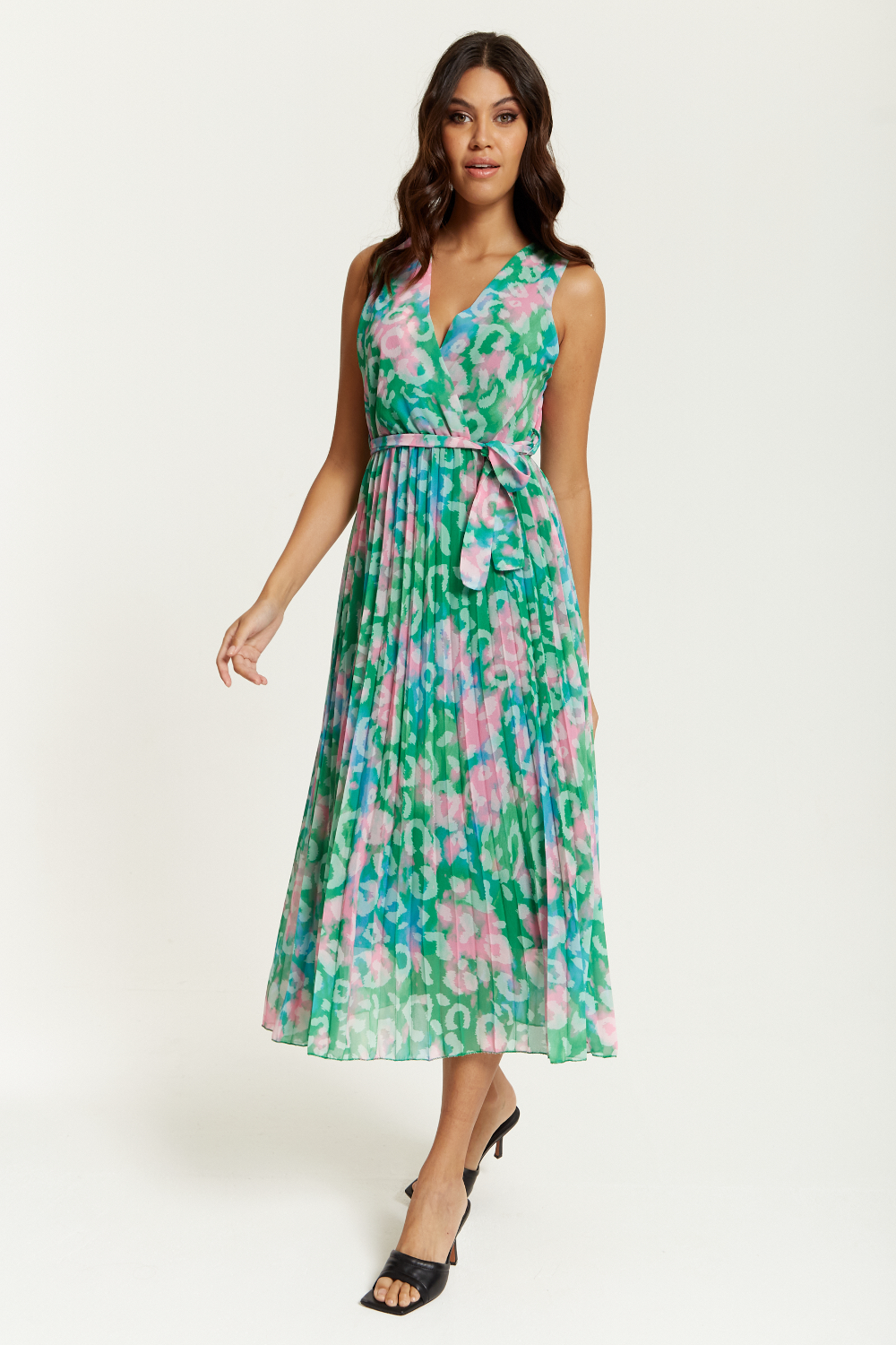 Wrap Front Multi Coloured Pink and Blue Leopard Print Maxi Dress with Pleat Details in Green HOXTON GAL