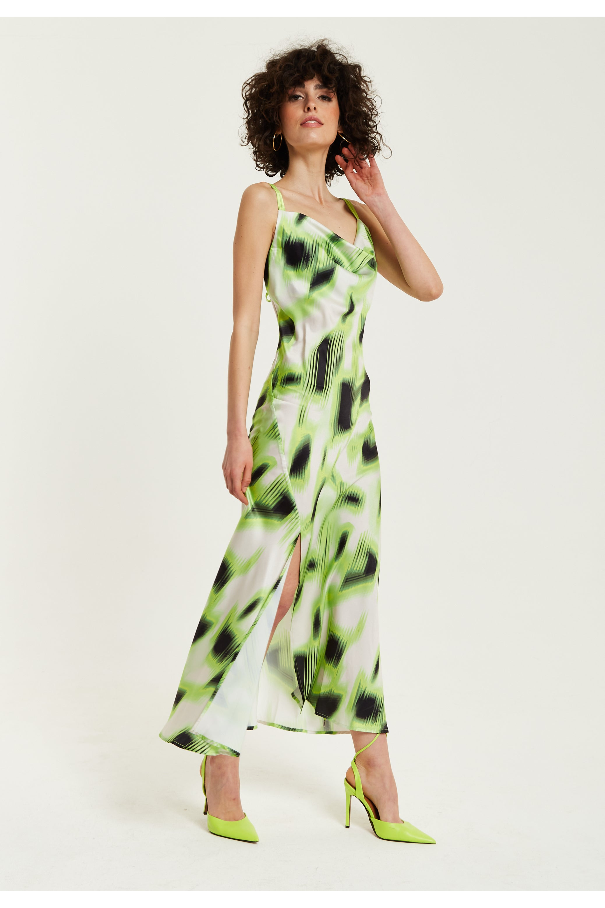 Green And Black Abstract Print Cowl Neck Midi YD27255