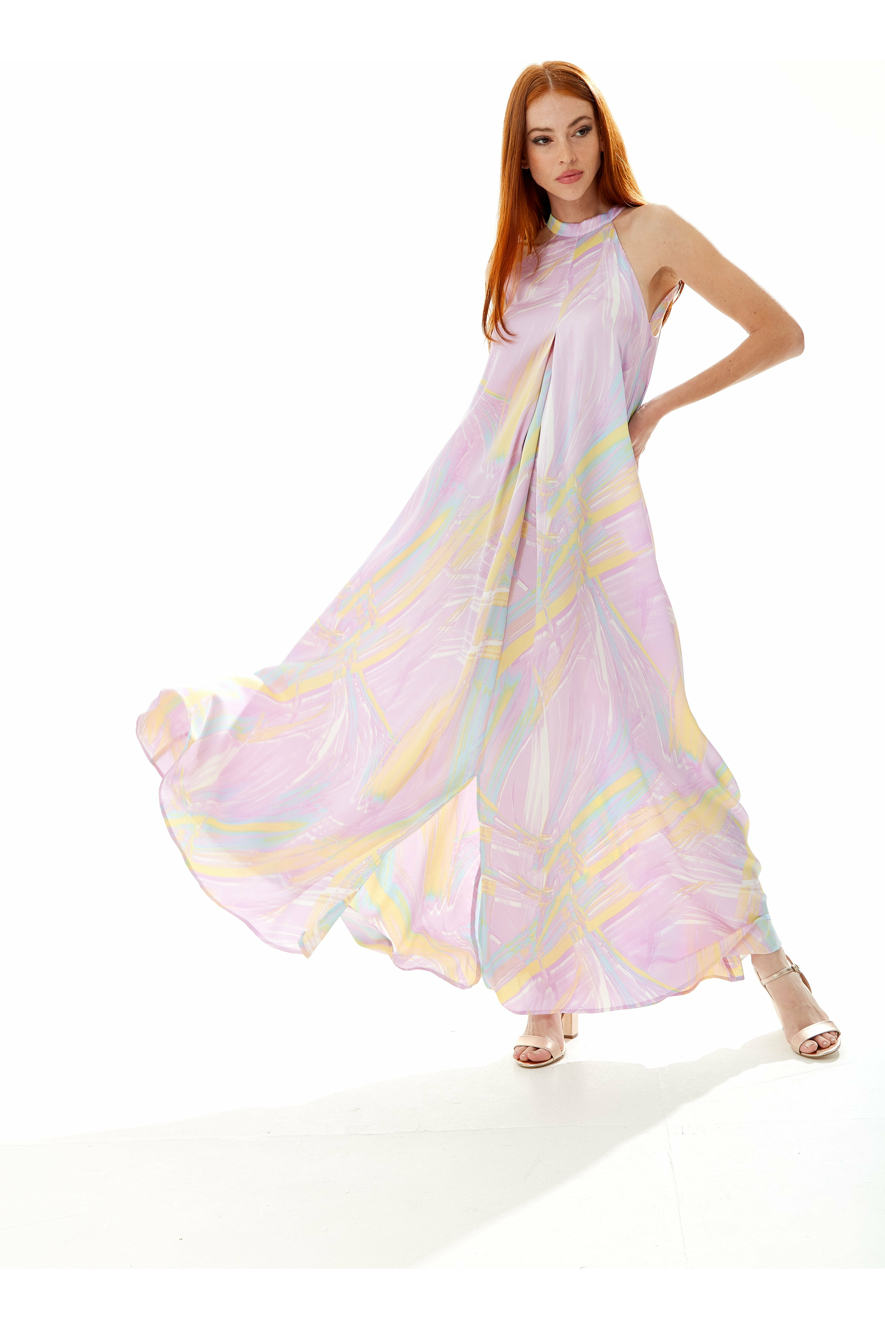 Abstract Print Maxi Dress With A High Neck Lilac A8-108-LIQ22SS062