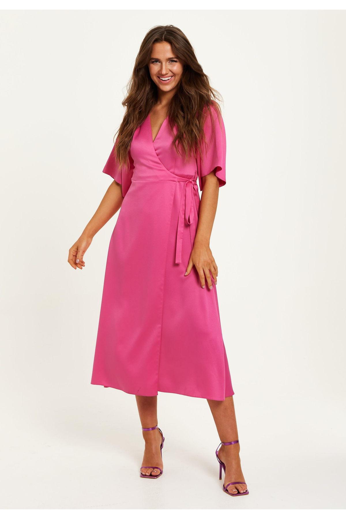 Pink Midi Wrap Dress With Kimono Sleeves C10-LIQKM002