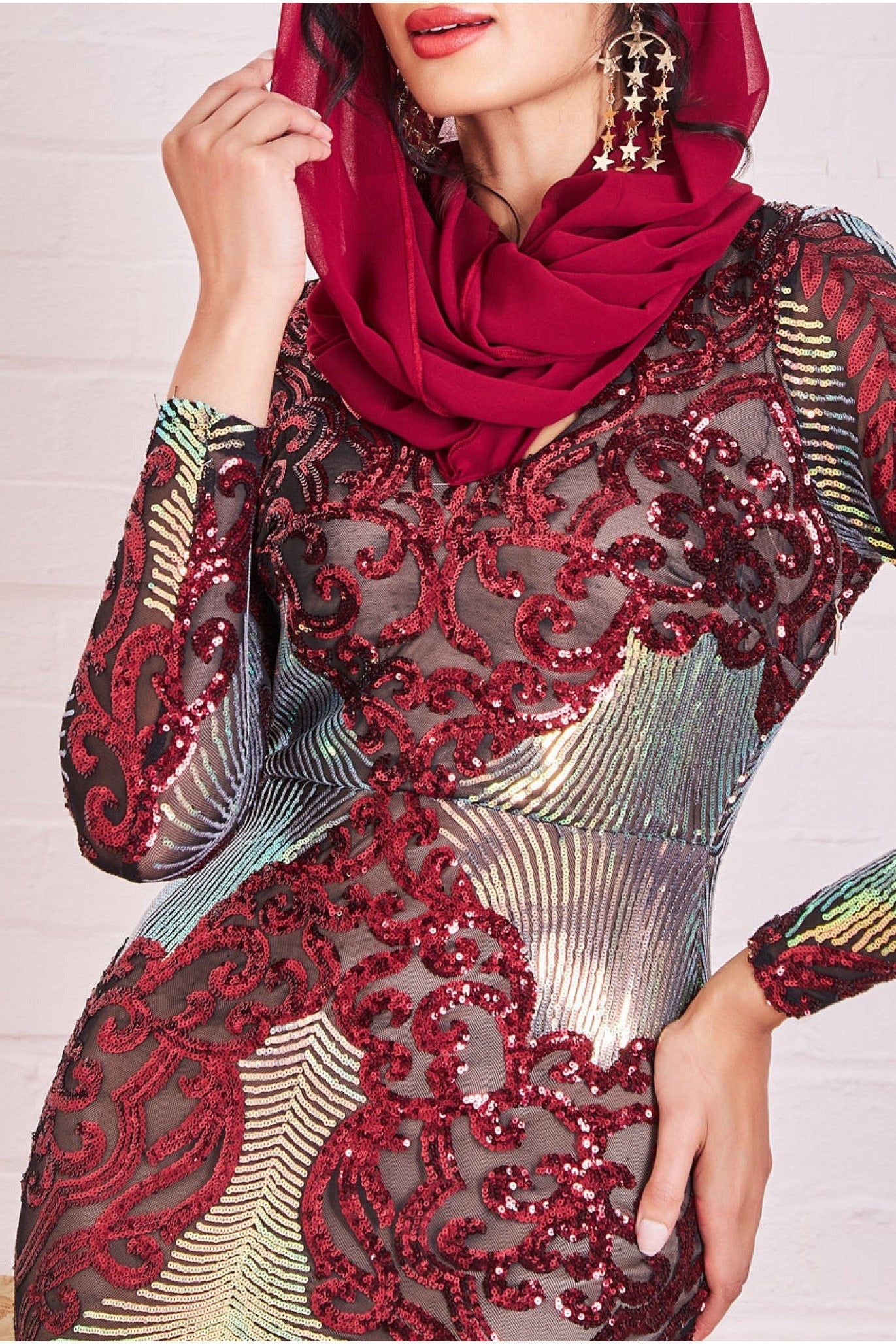Modesty Contrast Sequin Maxi Dress - Wine DR3475MOD