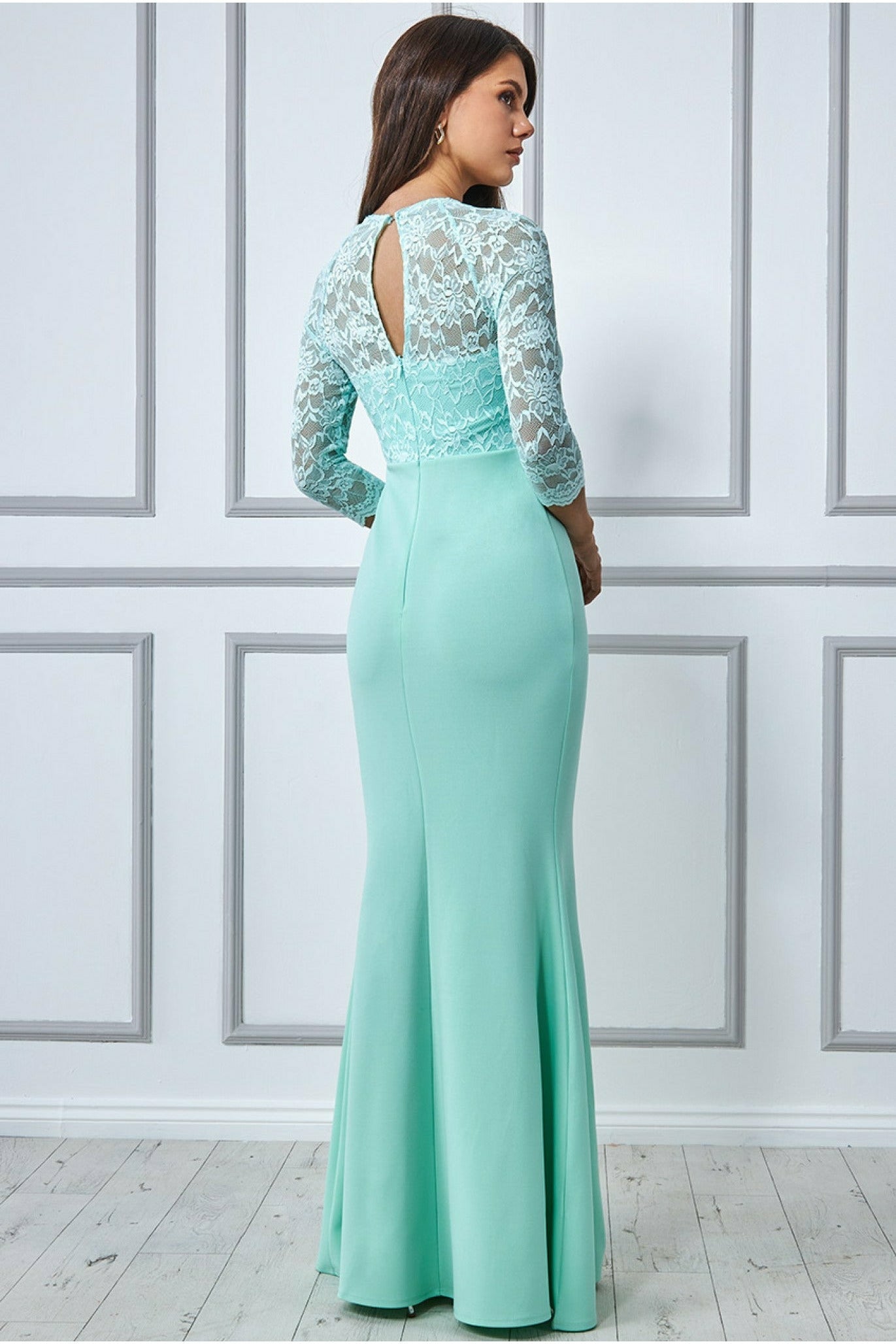 Lace Bodice Maxi Dress With Sleeves - Mint DR1551