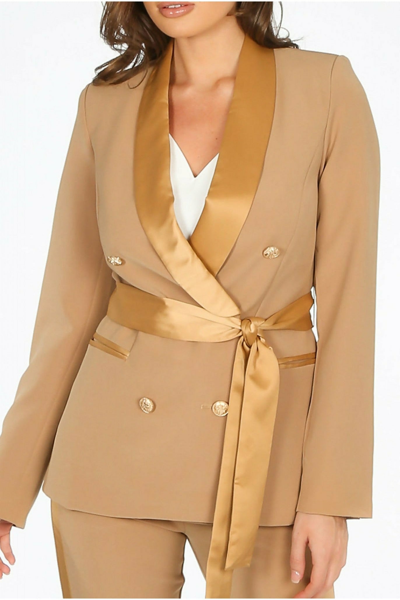 Tailored Belted Blazer With Satin Lapel De La Creme Fashions