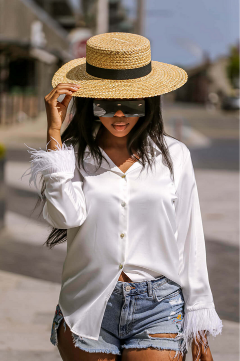 Faux Feather Trim White Blouse 113669