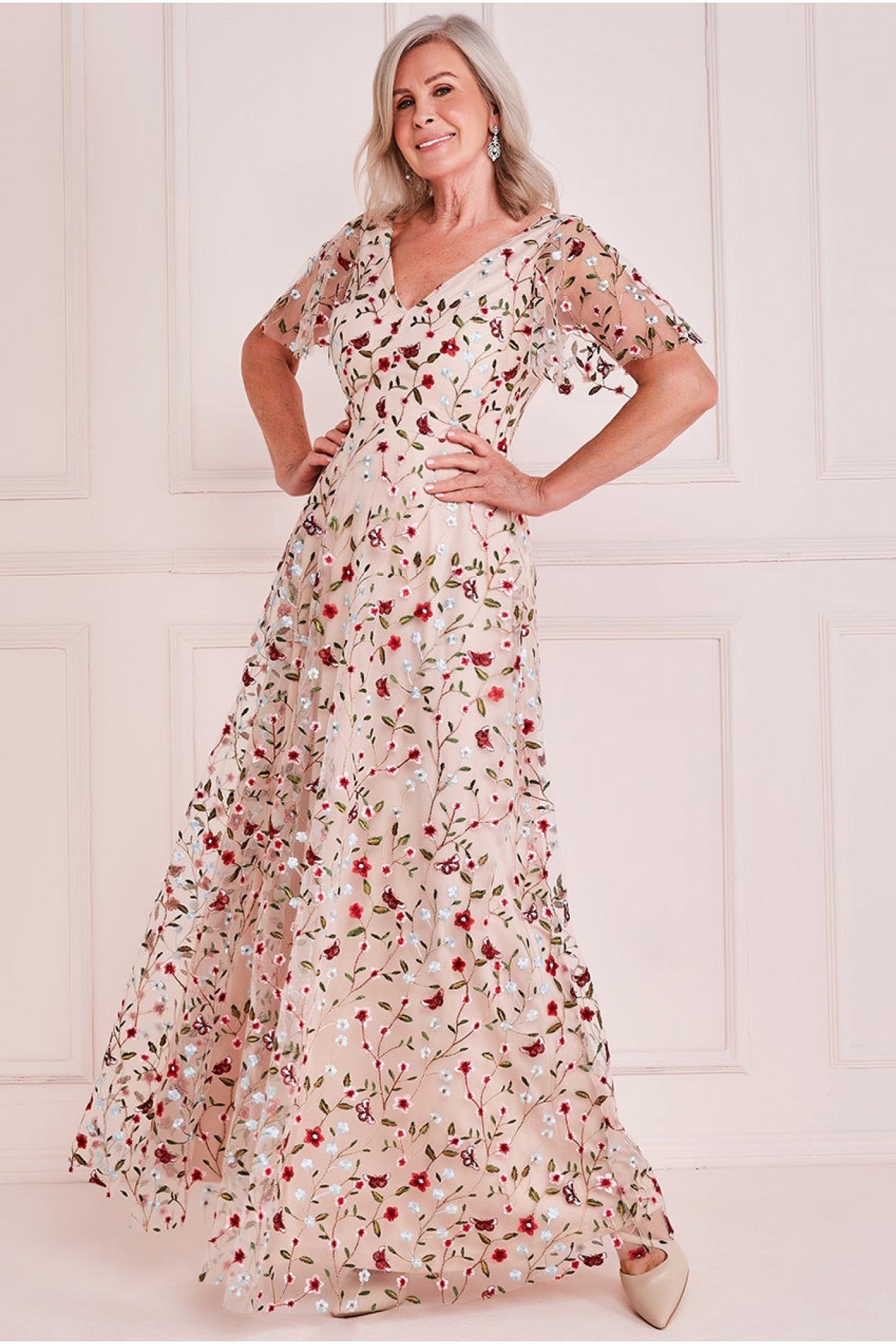 Short Sleeve Embroidered Floral Maxi - Nude DR3798M