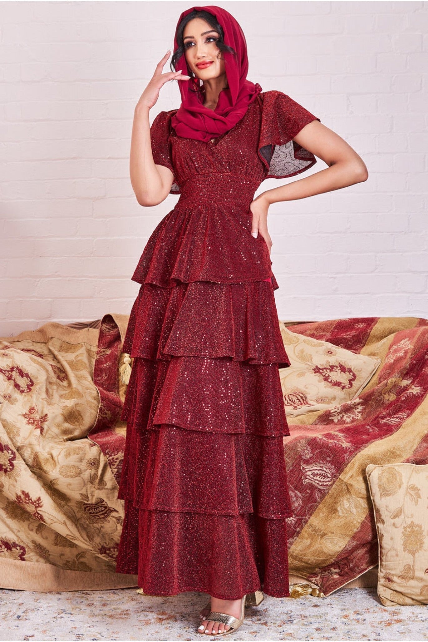Modesty Sequin Lurex Tiered Maxi Dress - Wine DR3657MOD