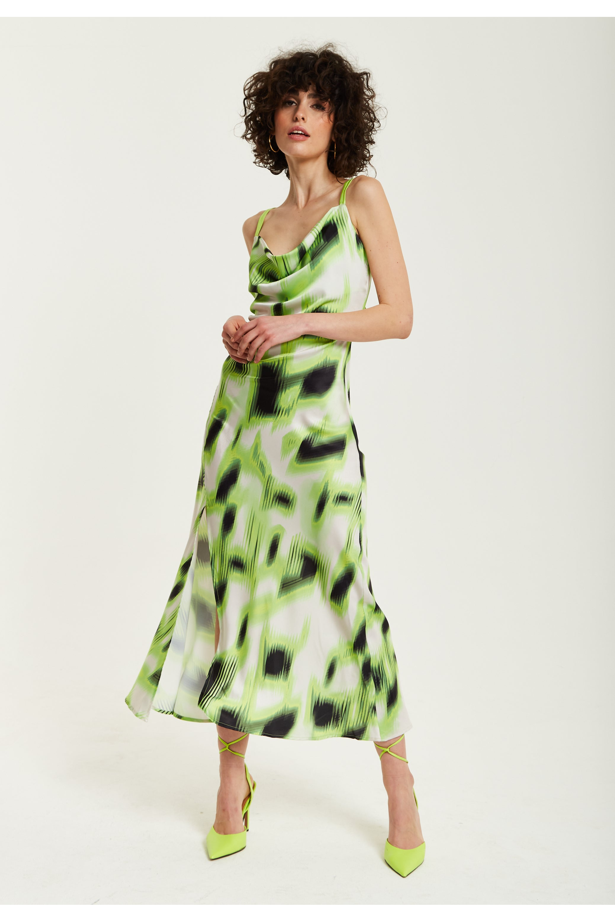 Green And Black Abstract Print Cowl Neck Midi YD27255