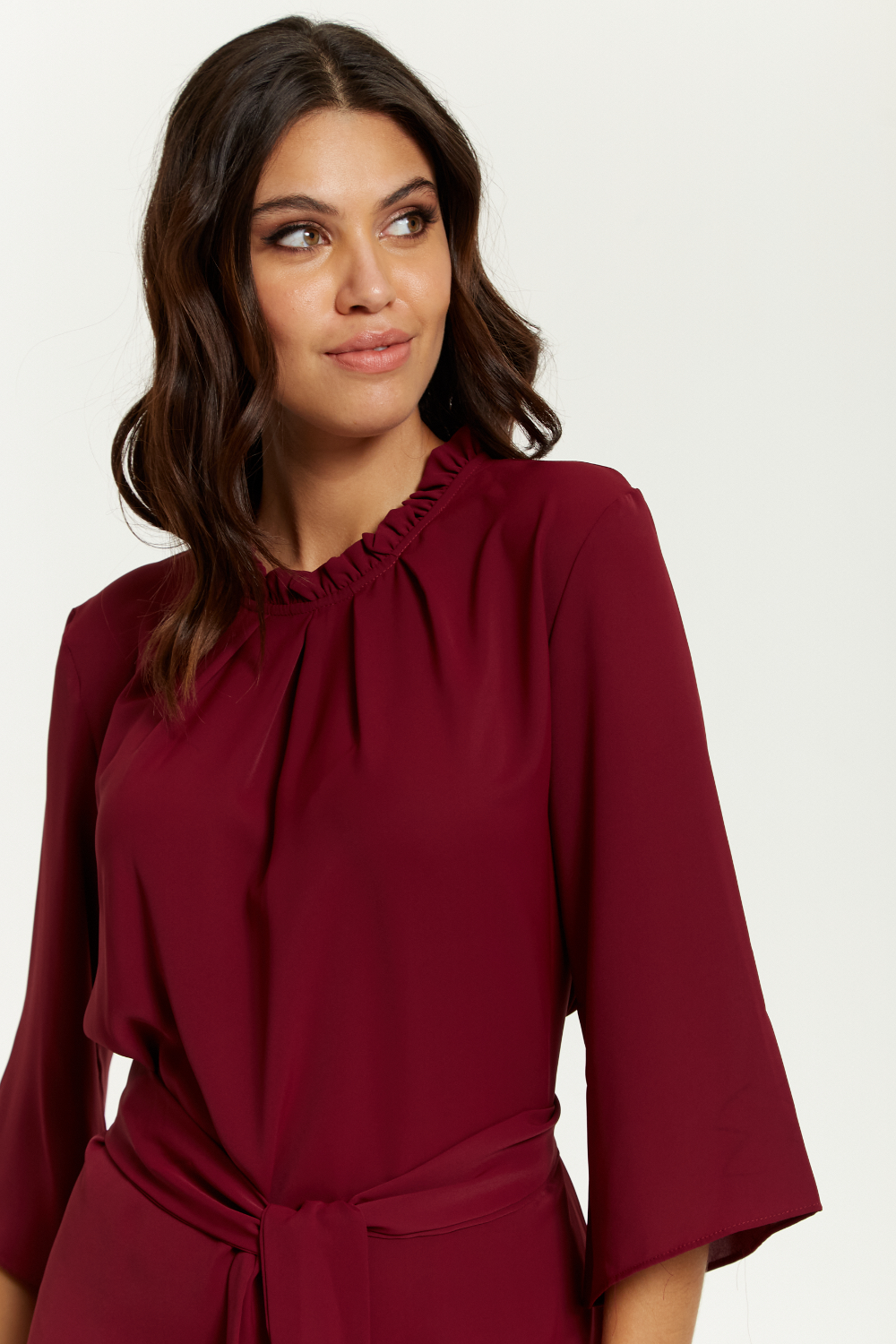 Tie Waisted Ruffle Neck Tunic with 3/4 Sleeves in Burgundy GLR FASHION NETWORKING