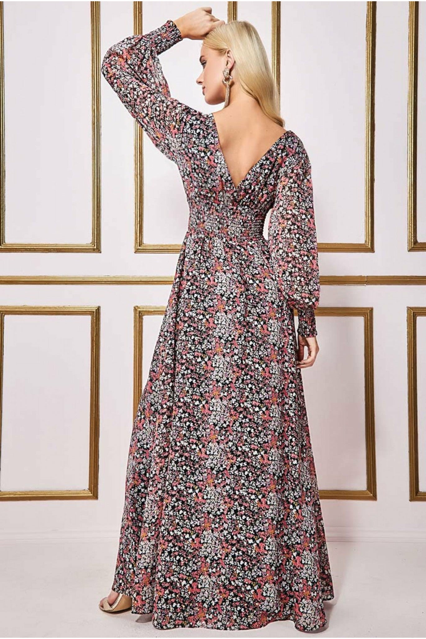 Long Sleeve Maxi Shirred Waistband - Floral Print DR3765A