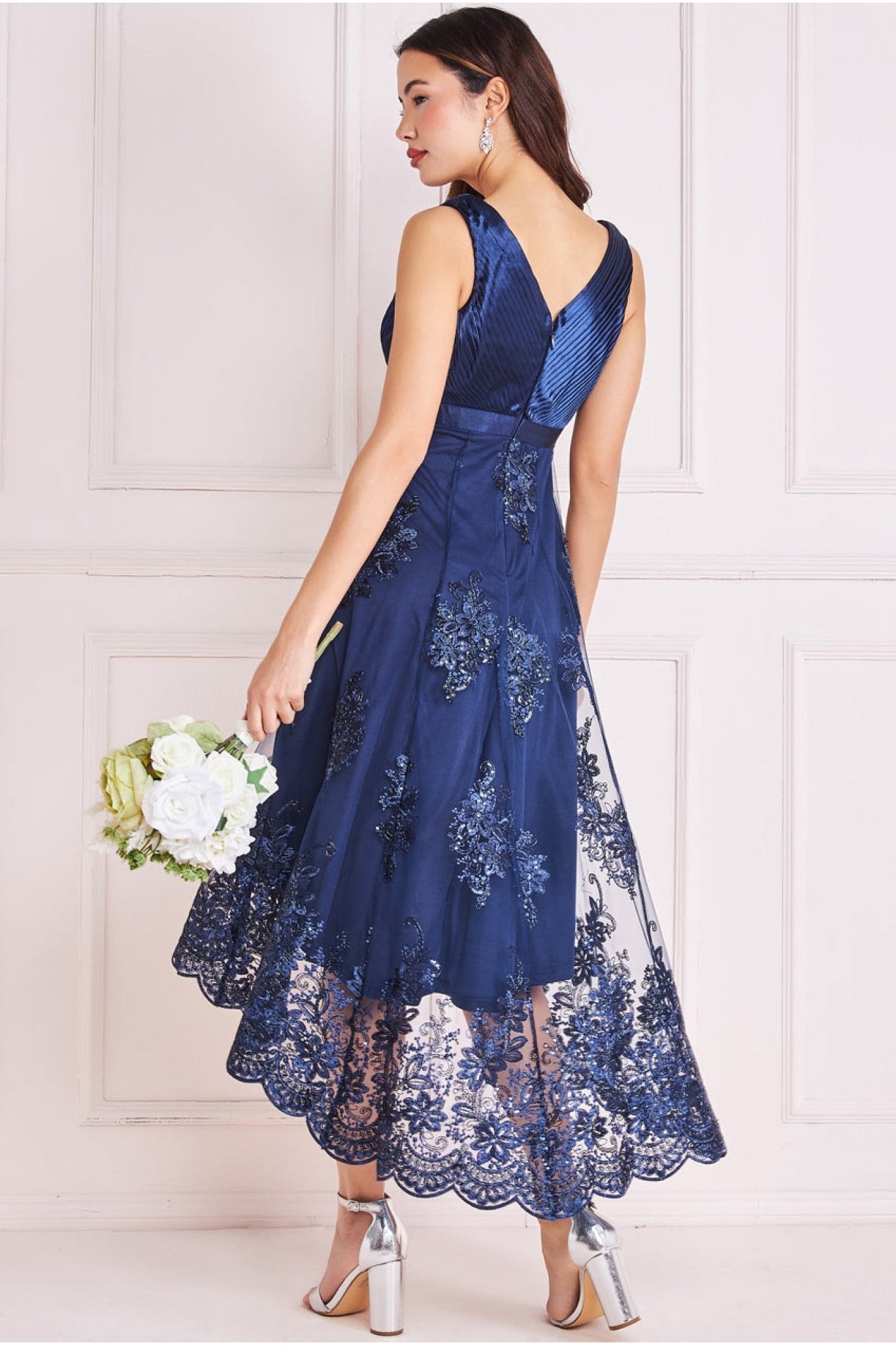 Pleated Satin V Neck High And Low Midi - Navy DR3813QZ