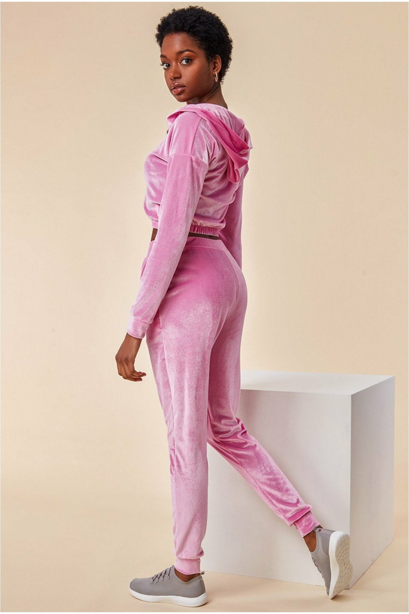 Cuffed Ankle Velour Tracksuit - Pink TS10