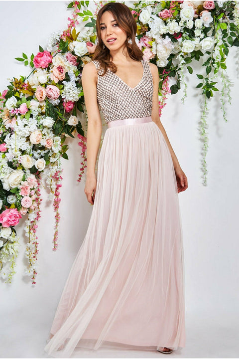 Goddiva Sequin Bodice Pleated Maxi Dress - Blush