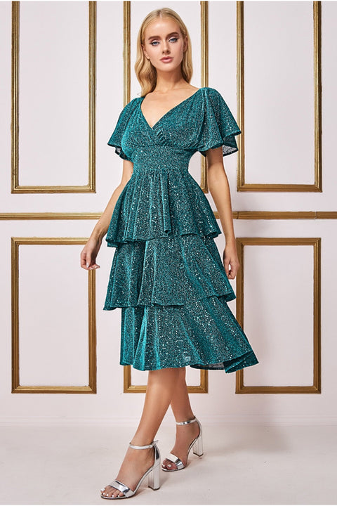 Sequin Lurex Tiered Midi Dress - Teal Blue DR3656