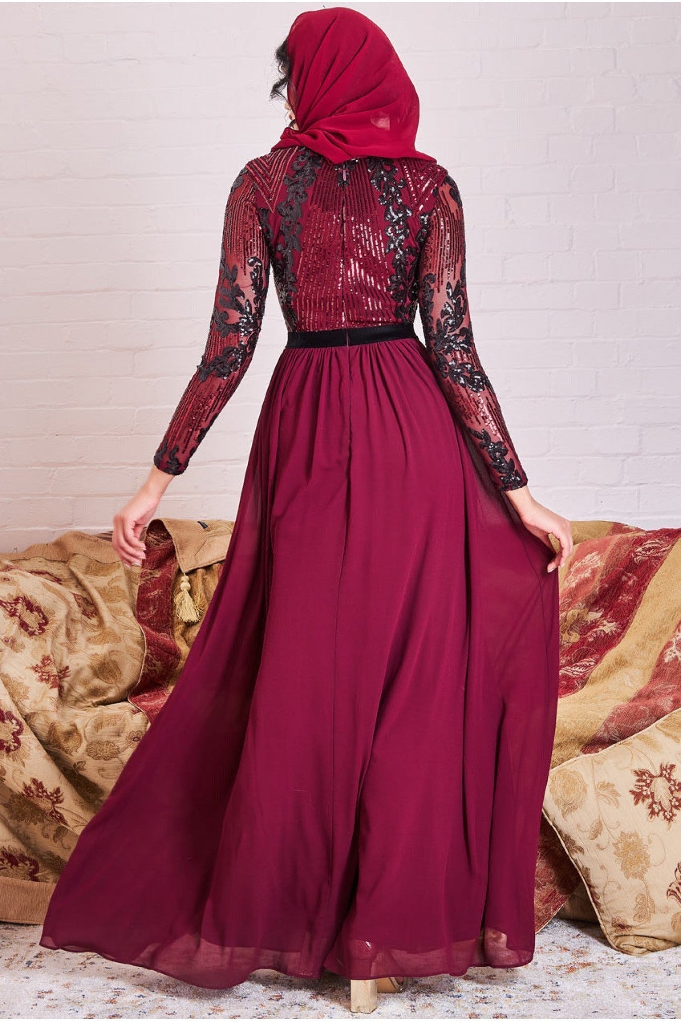 Goddiva Goddiva Modesty Sequin Mesh Bodice Maxi Dress - Wine DR3453MOD