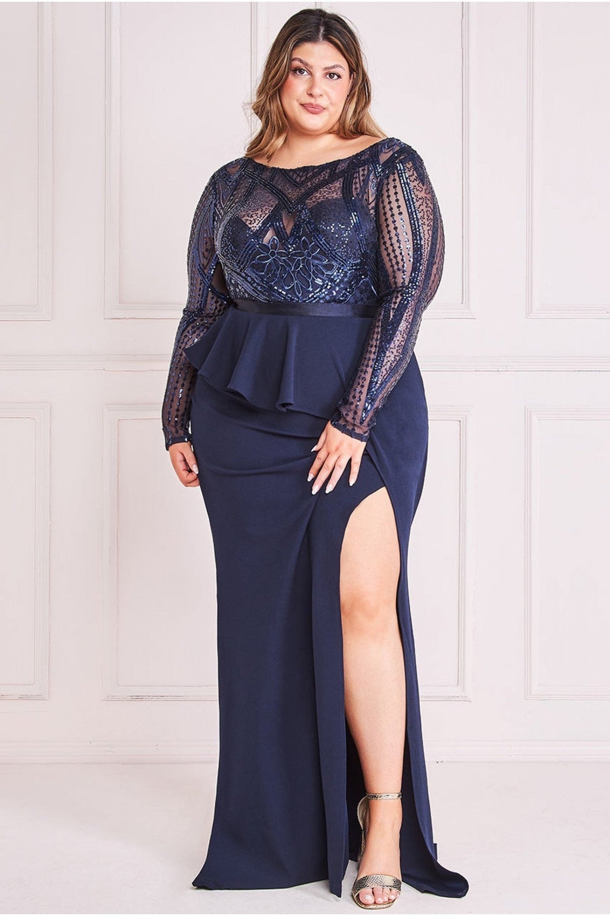 Sequin Bodice With Front Frill Maxi - Navy DR3232P