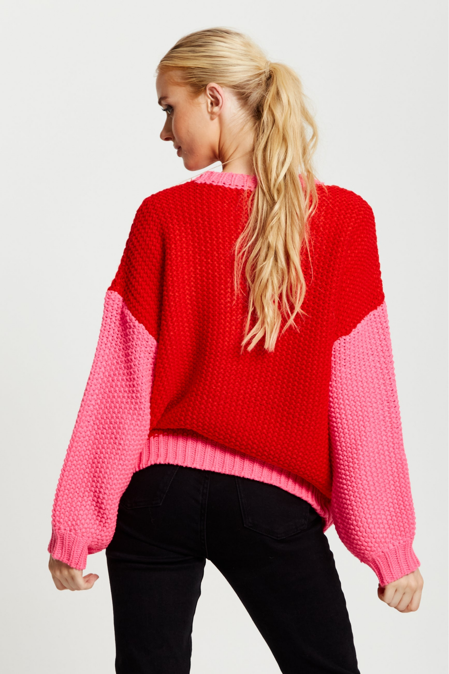 Contrast Sleeve Jumper In Pink And Red A14-LIQ21-191