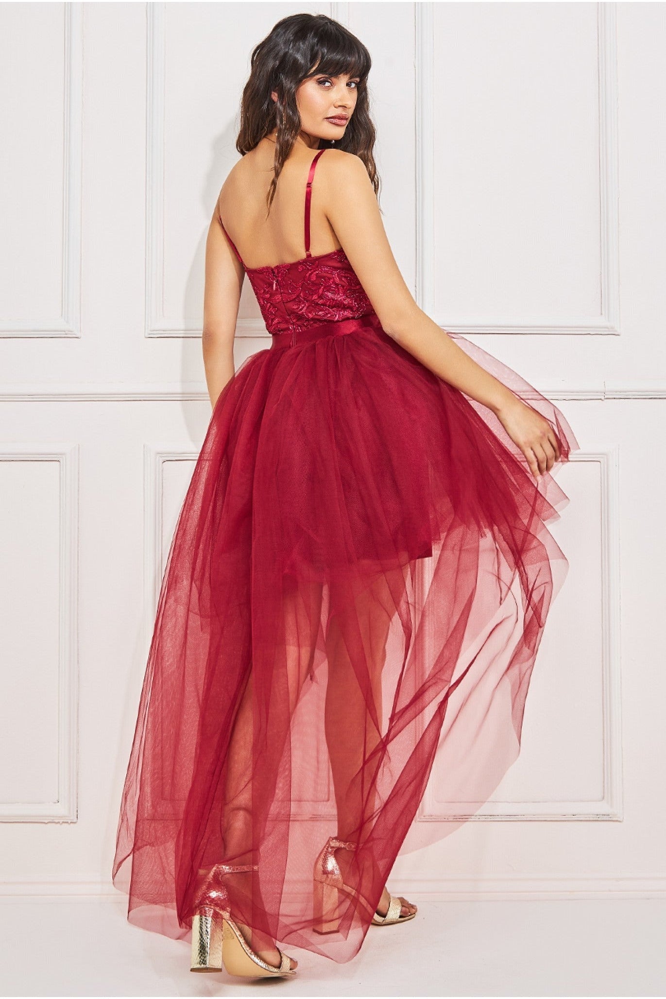 High Low Tulle Midi With Lace Bodice - Wine DR3061