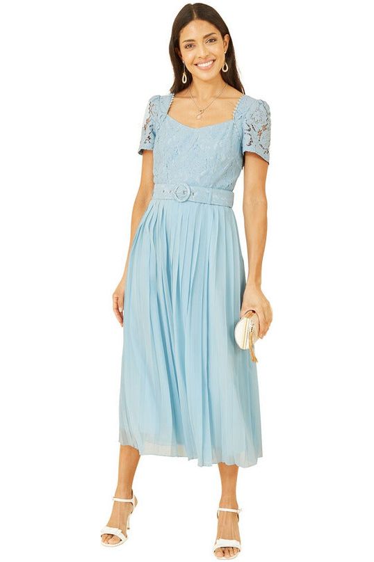 Blue Lace Dress With Pleated Skirt and Belt Yumi