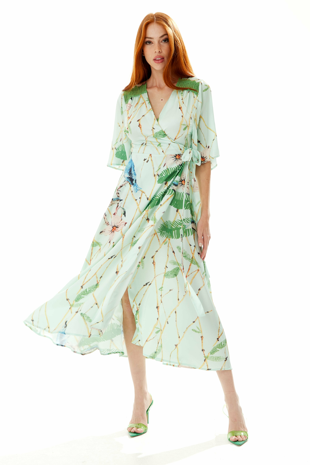 Bird Print Maxi Wrap Dress In Mint Green B1-56-LIQ22SS053