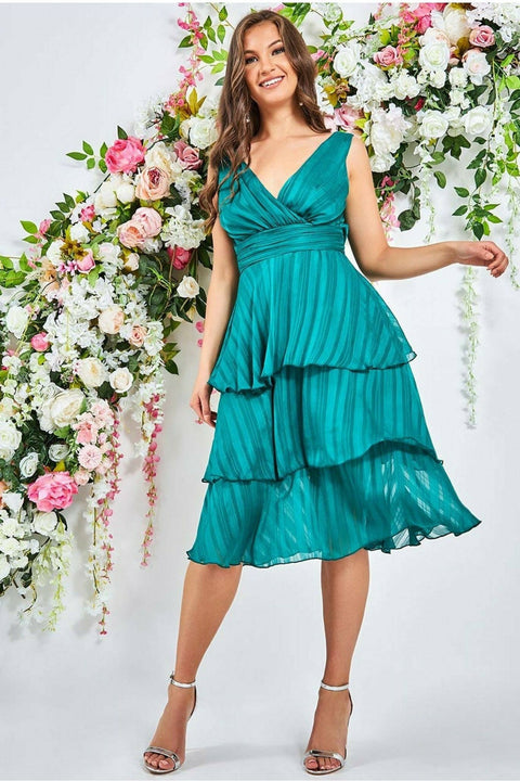 Goddiva Tiered Chiffon Midi Dress - Emerald