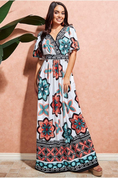 Cream - Goddiva Printed Flutter Sleeve Maxi Dress - Cream