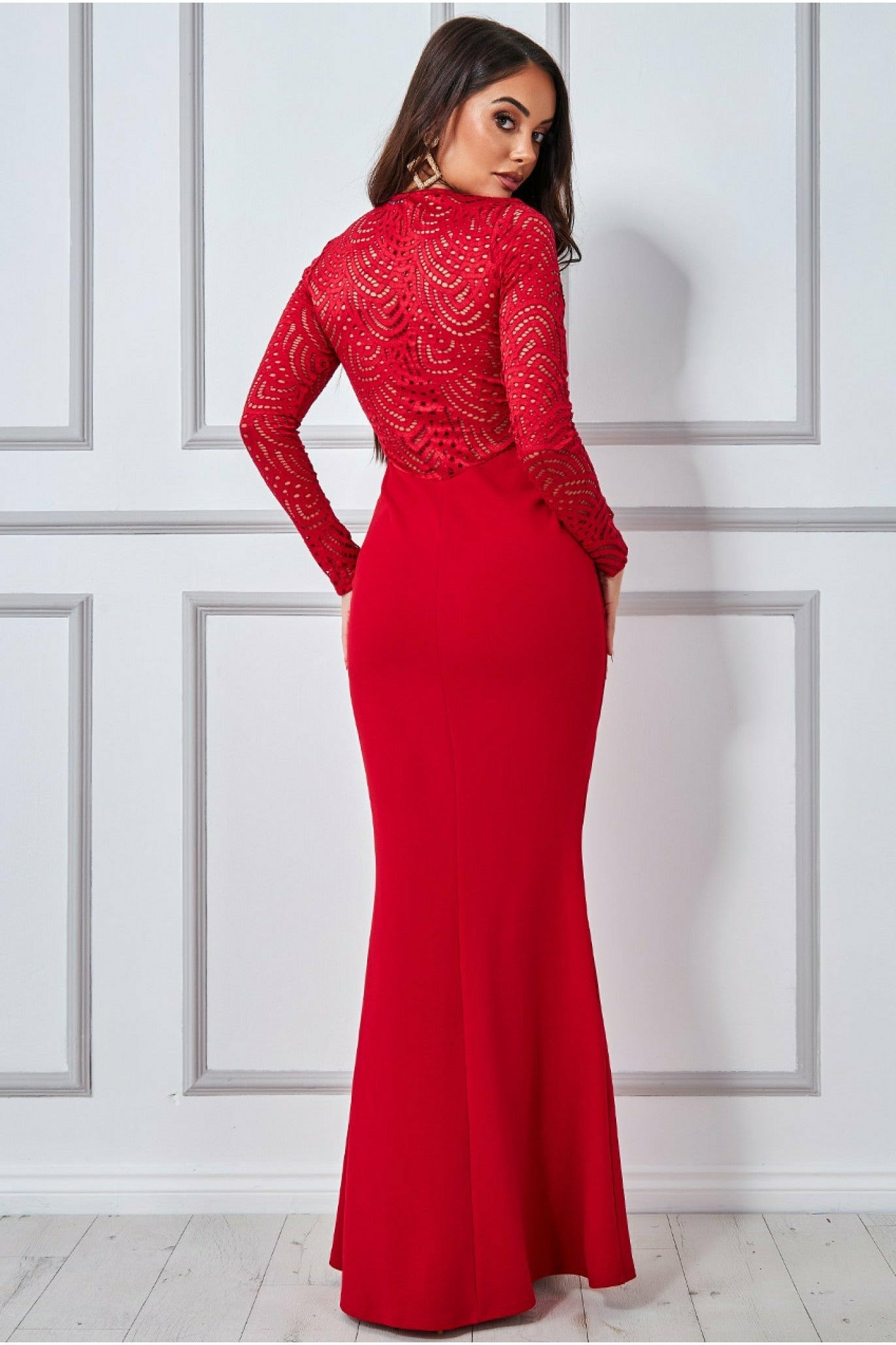 Lace Back Full Sleeve Maxi Dress - Red DR2870