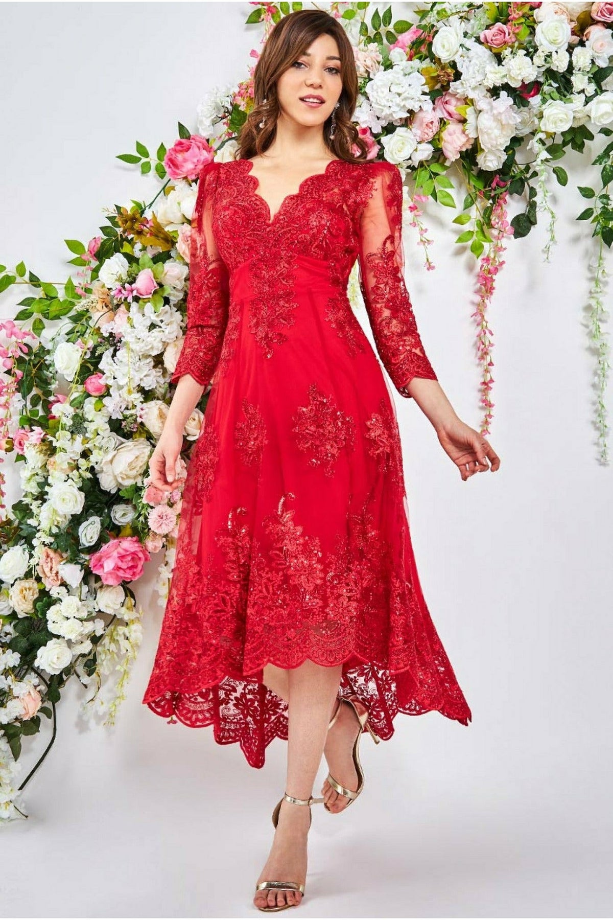 Hot Sale Red Lace Chiffon Evening Party Dresses Short Sleeve Prom Dresses  on Sale - June Bridals
