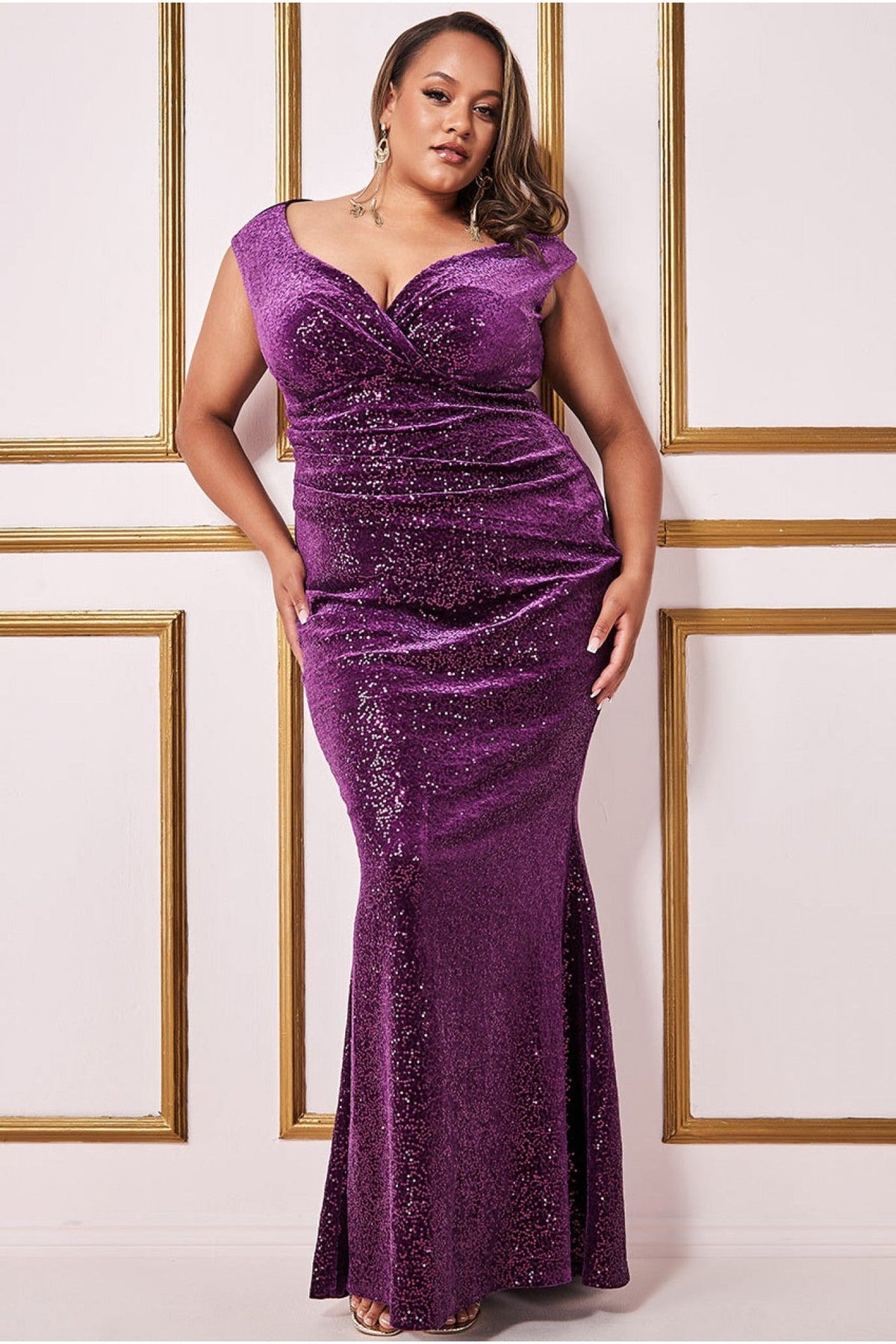 Sequin & Velvet Bardot Maxi Dress - Purple DR3623P