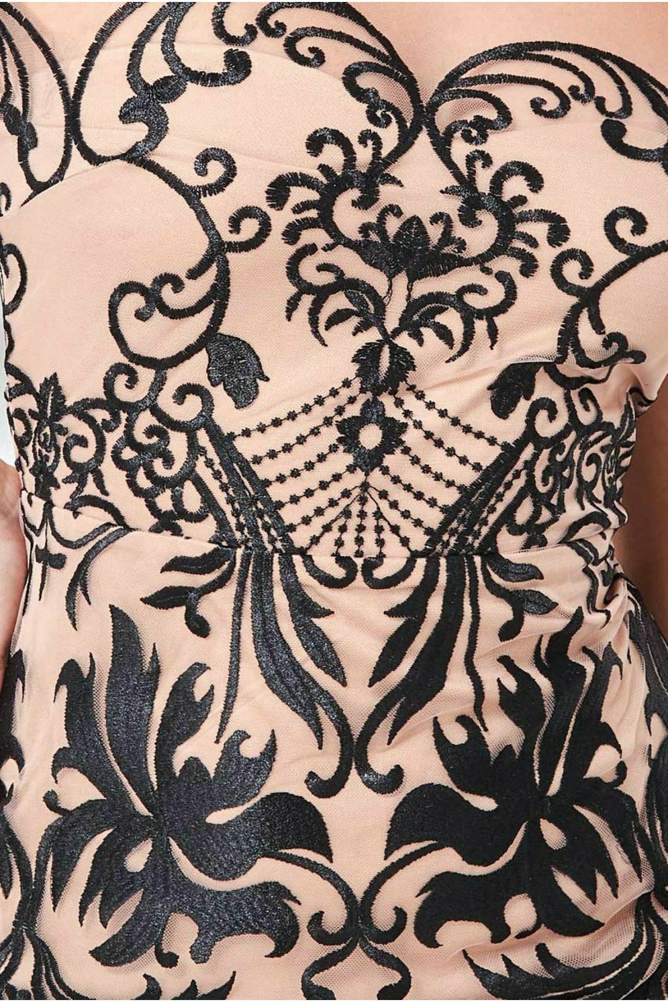 Embroidered Mesh & Lace Midi Scalloped Hem - Black DR3251