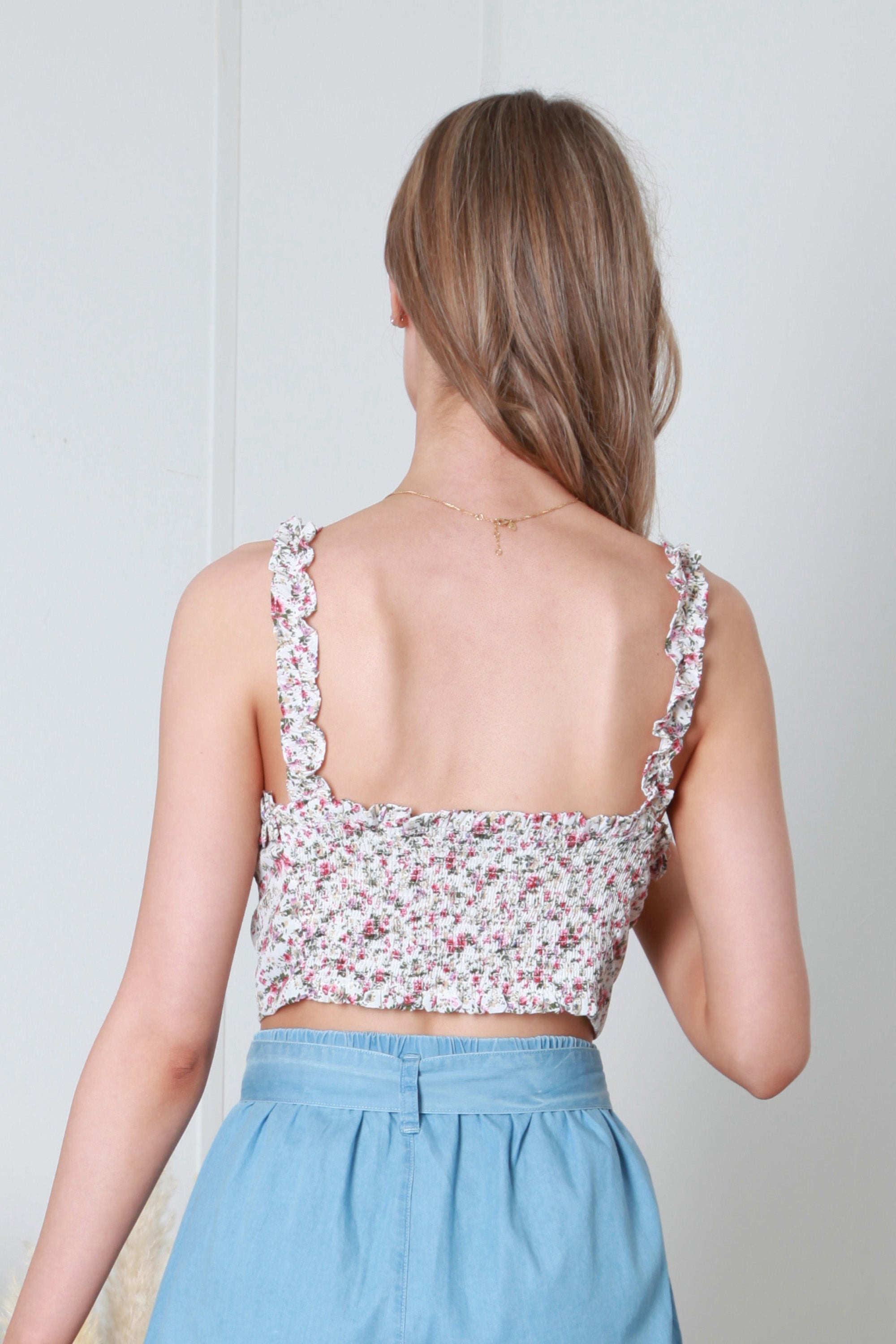 White Floral Print Crop Top With Frill Straps TO0000111
