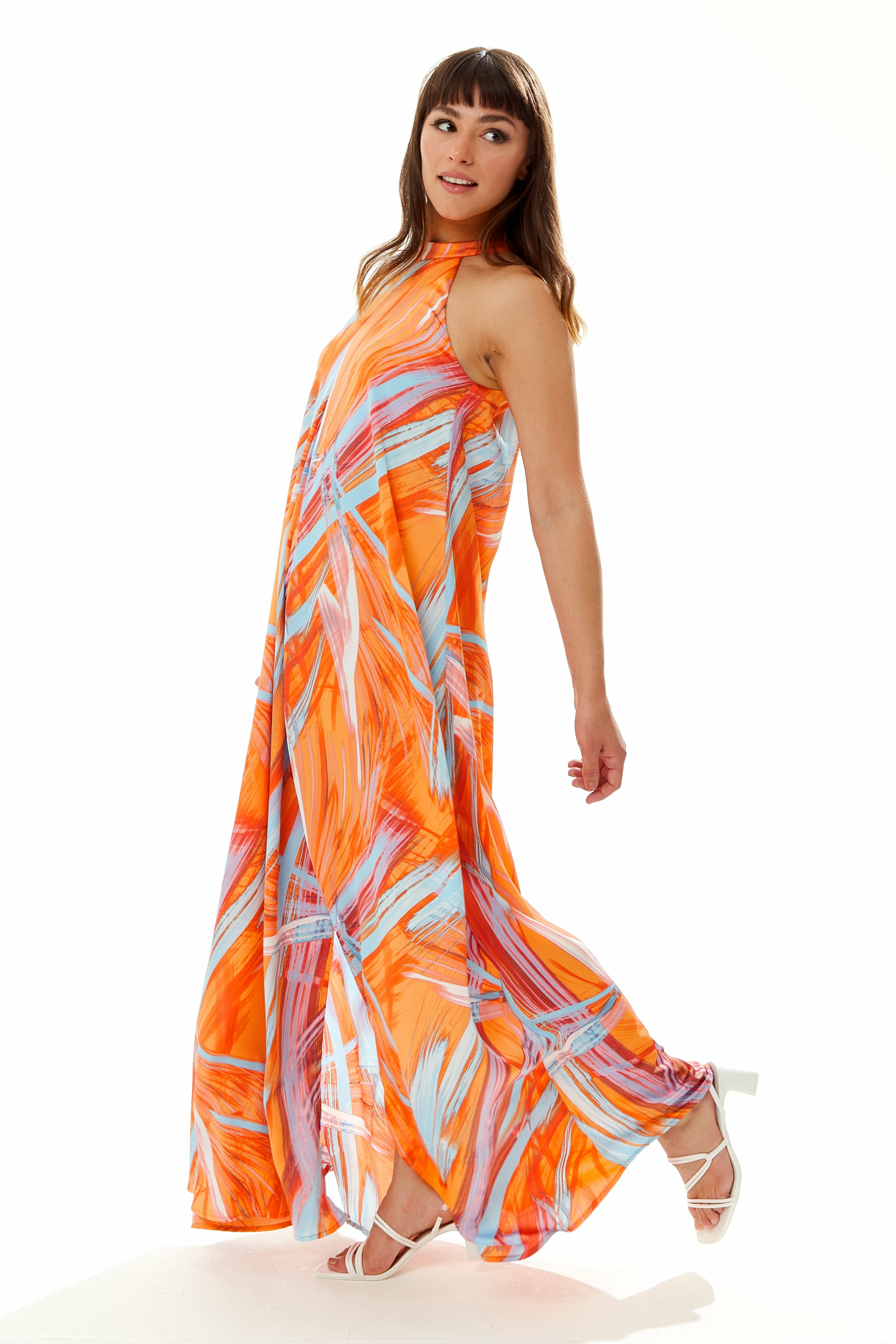 Maxi Abstract Print Dress With A High Neck Orange B7-109-LIQ22SS062O