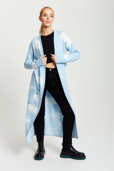 Blue - Cloud Pattern Longline Cardigan In Light Blue by Liquorish